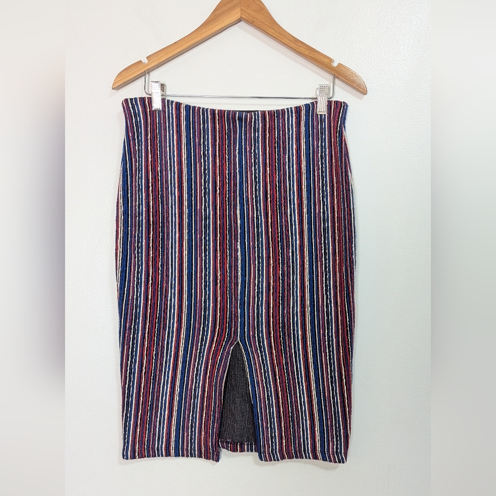 Zara Blue Red Striped Pull On Pencil Skirt Front Slit‎ Size Large